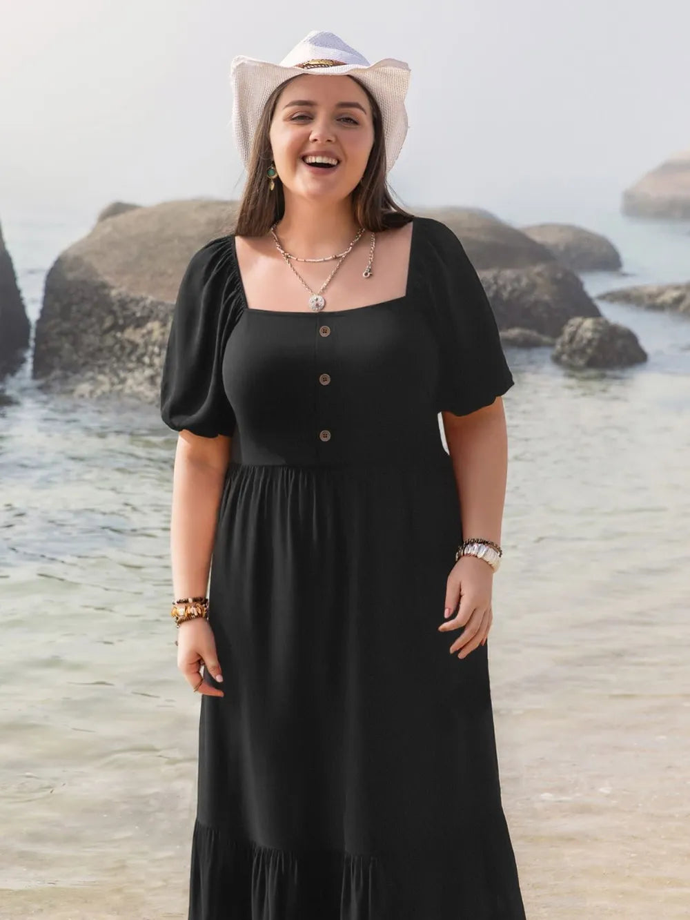 Black plus size square neck short sleeve ruffle hem maxi dress side view