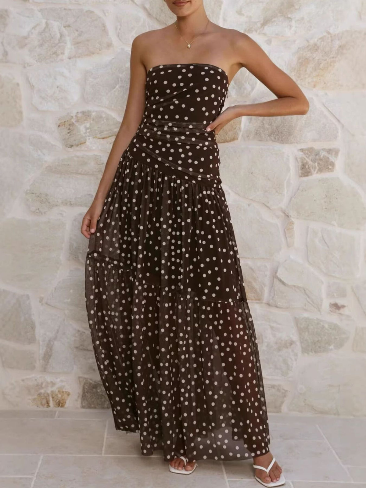 Polka dot strapless ruched maxi dress, three quarter view