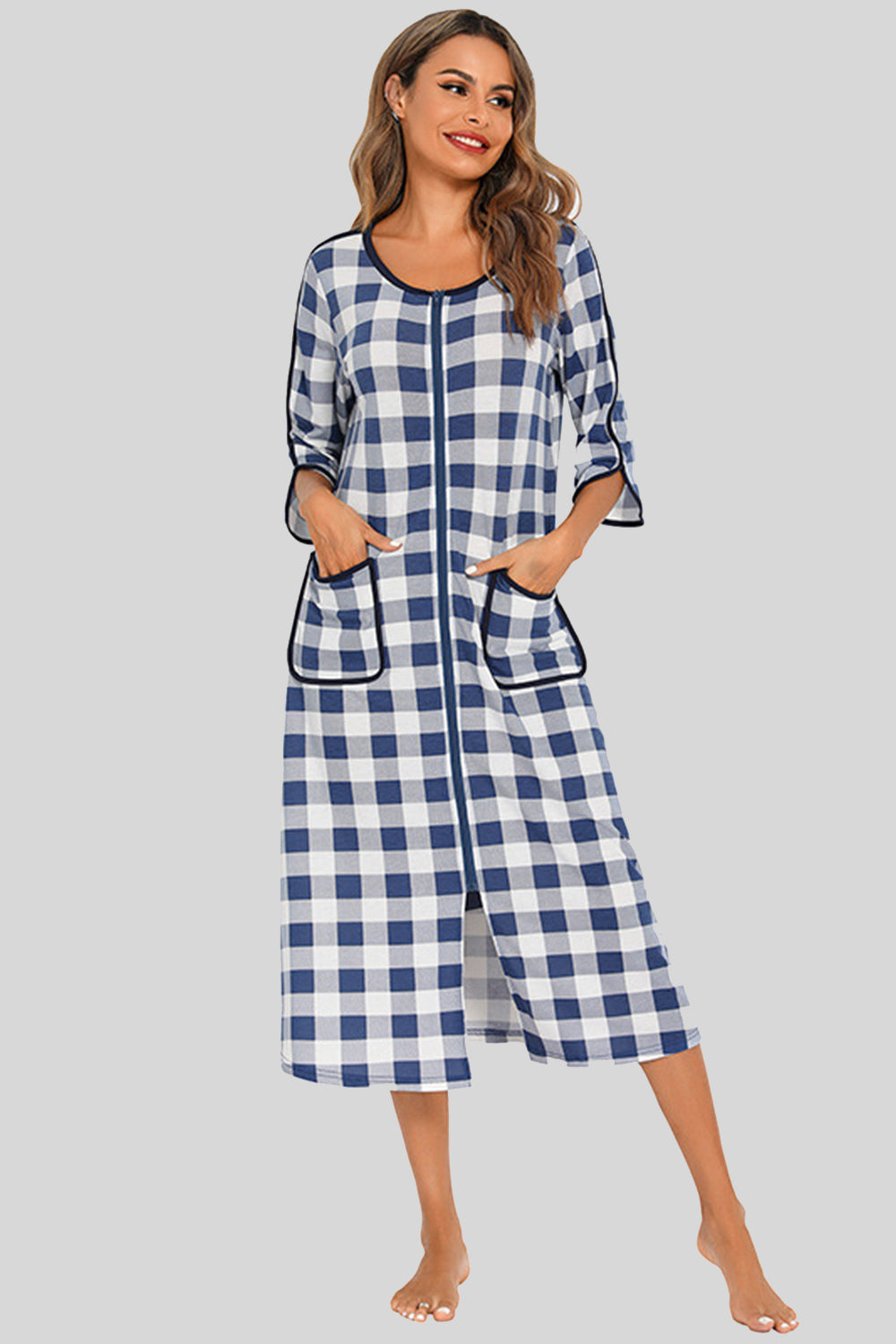 Round Neck Three-Quarter Sleeve Midi Night Dress French Blue - Fashorio