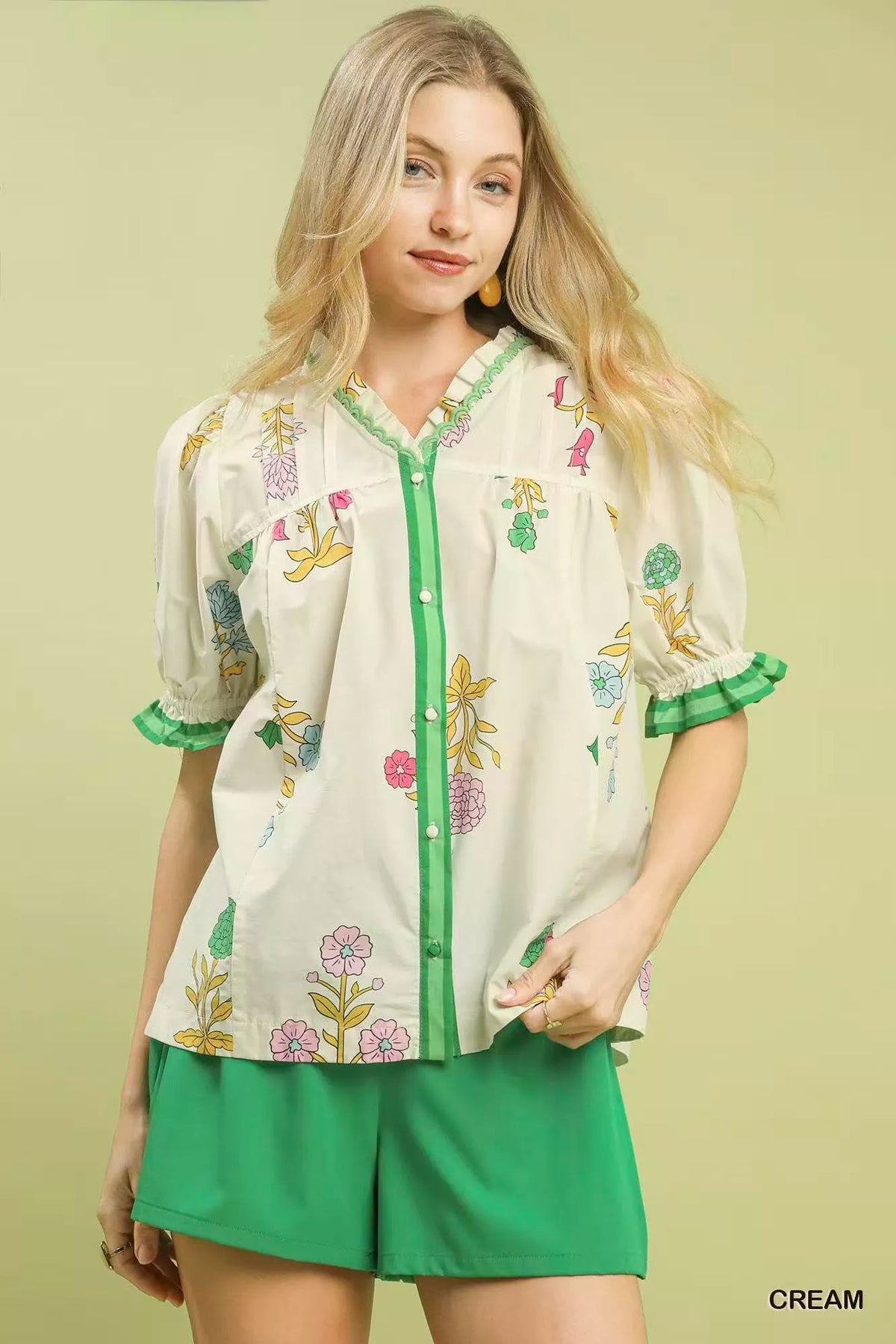 Cream Umgee petal print button down cotton blouse front view
