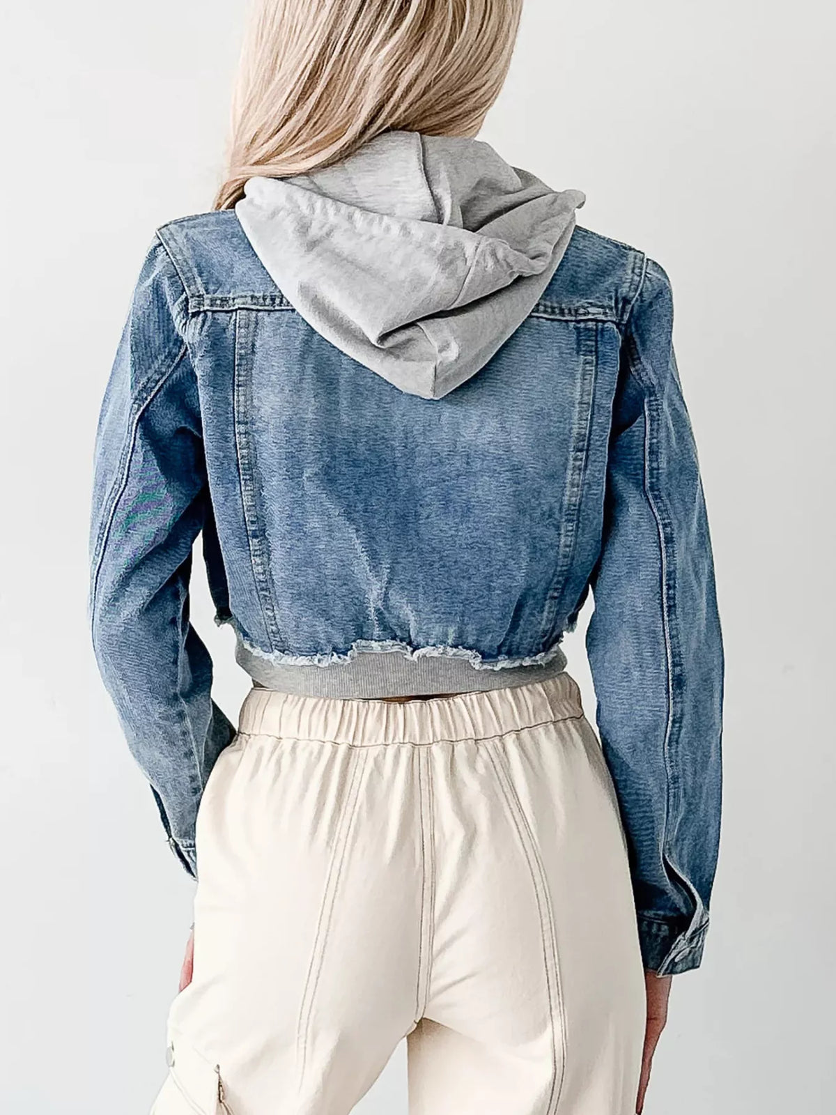 Distressed Cropped Hooded Denim Jacket in Light Blue view 16