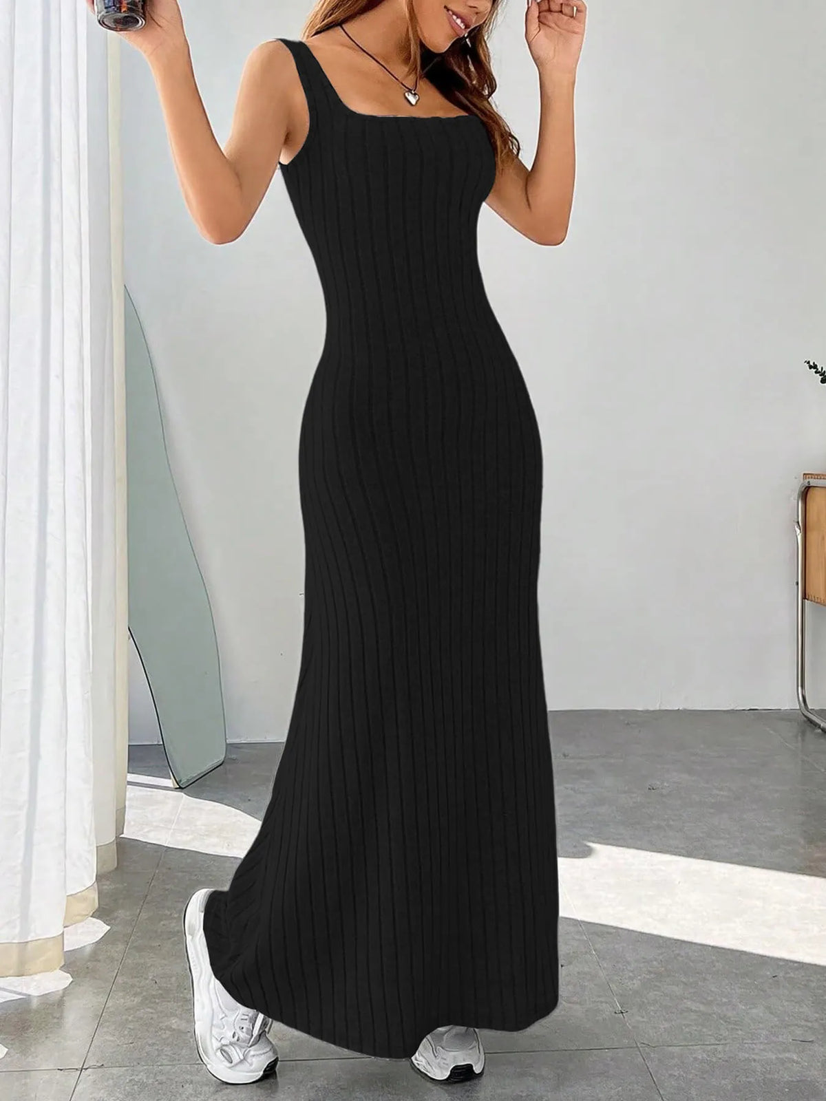 ribbed knit square neck sleeveless maxi dress back view 3