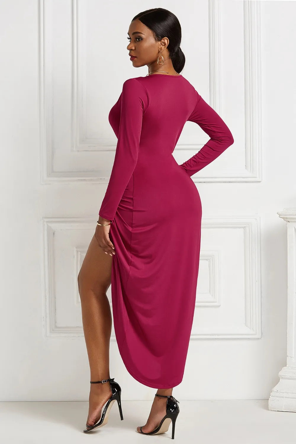 High Low Ruched Surplice Long Sleeve Dress, view 35
