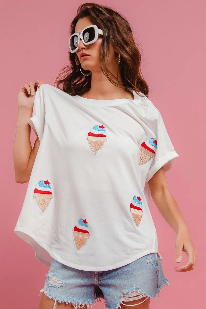 BiBi Solid Terry With Fourth Of July Theme Patched Top - Fashorio