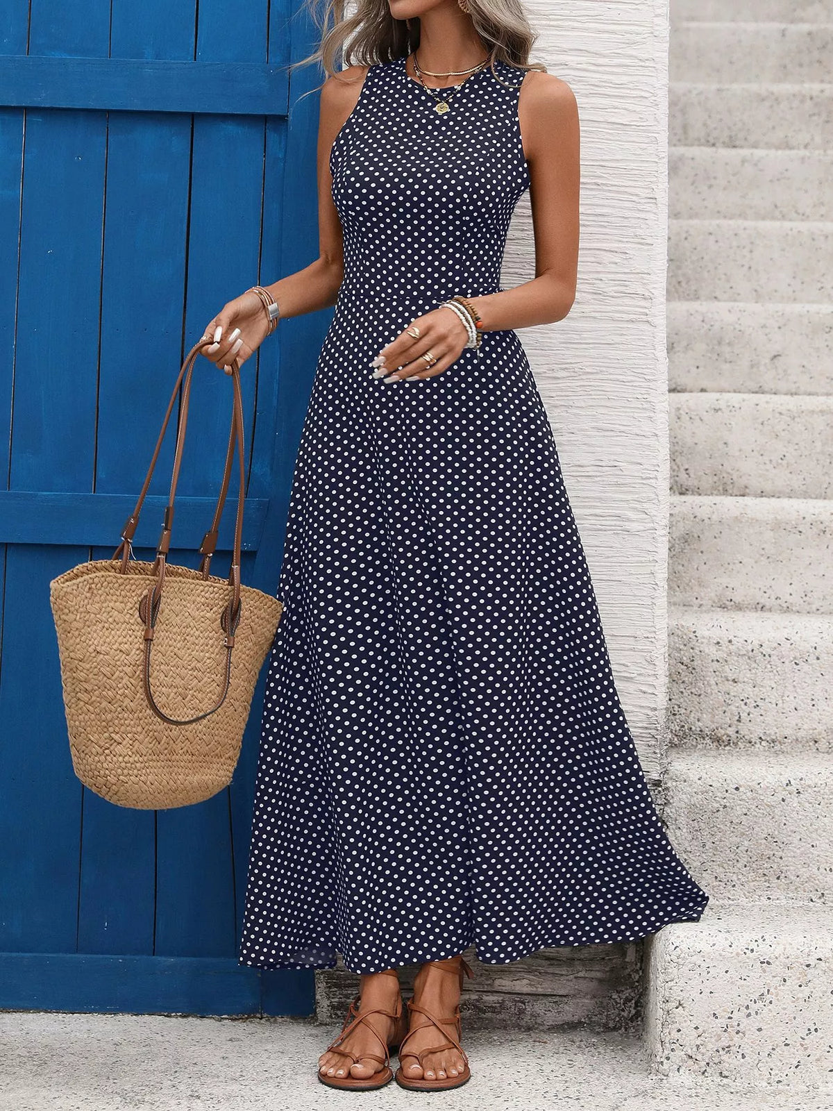 Polka dot maxi dress styled view