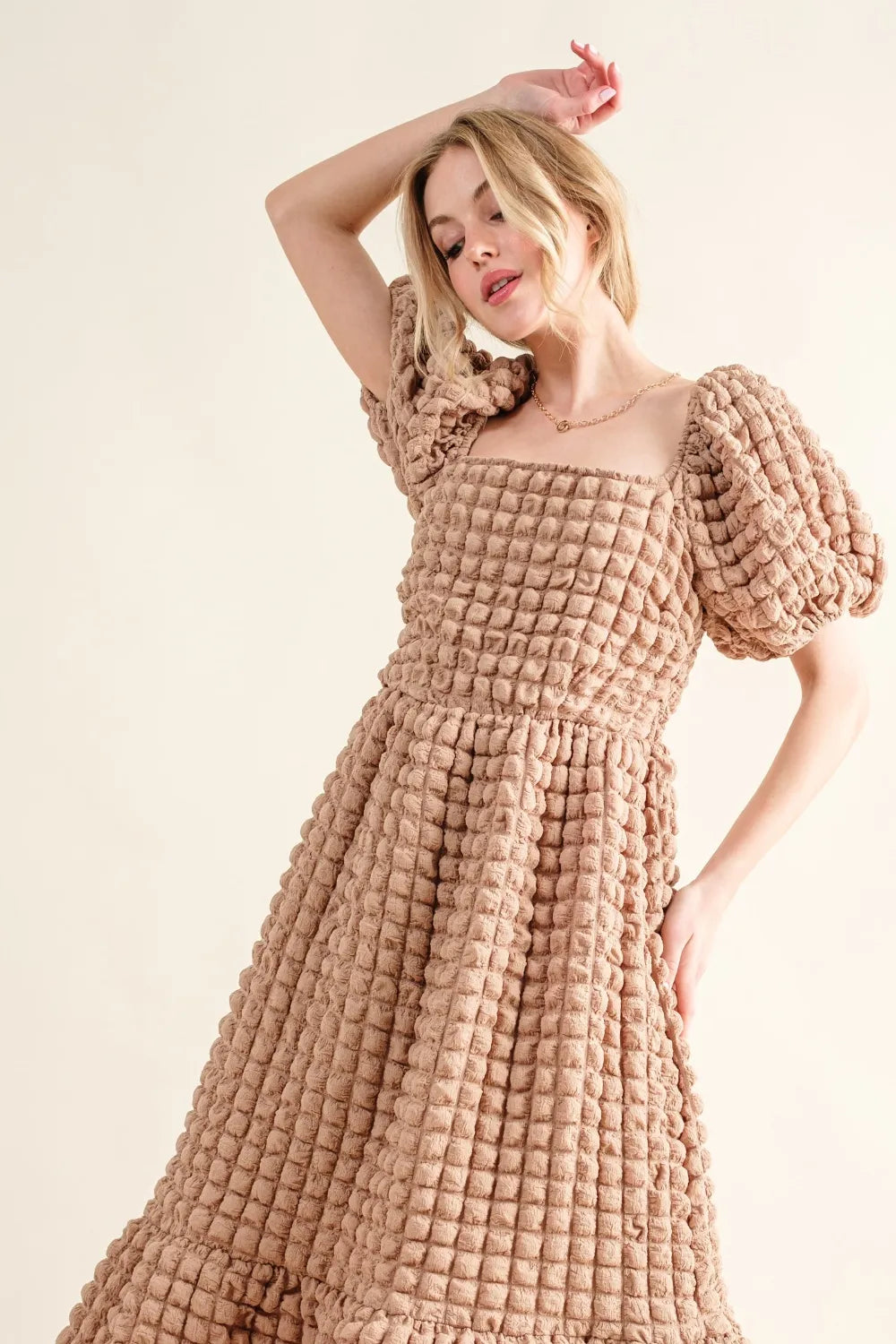 Square Neck Puff Sleeve Dress in Latte side view