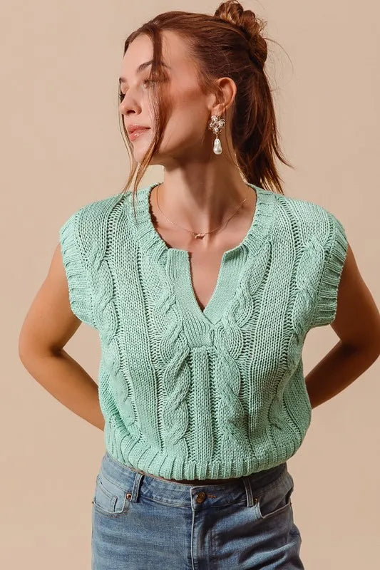 Notched Neck Cable Knit Sweater Vest in Dusty Sage back view