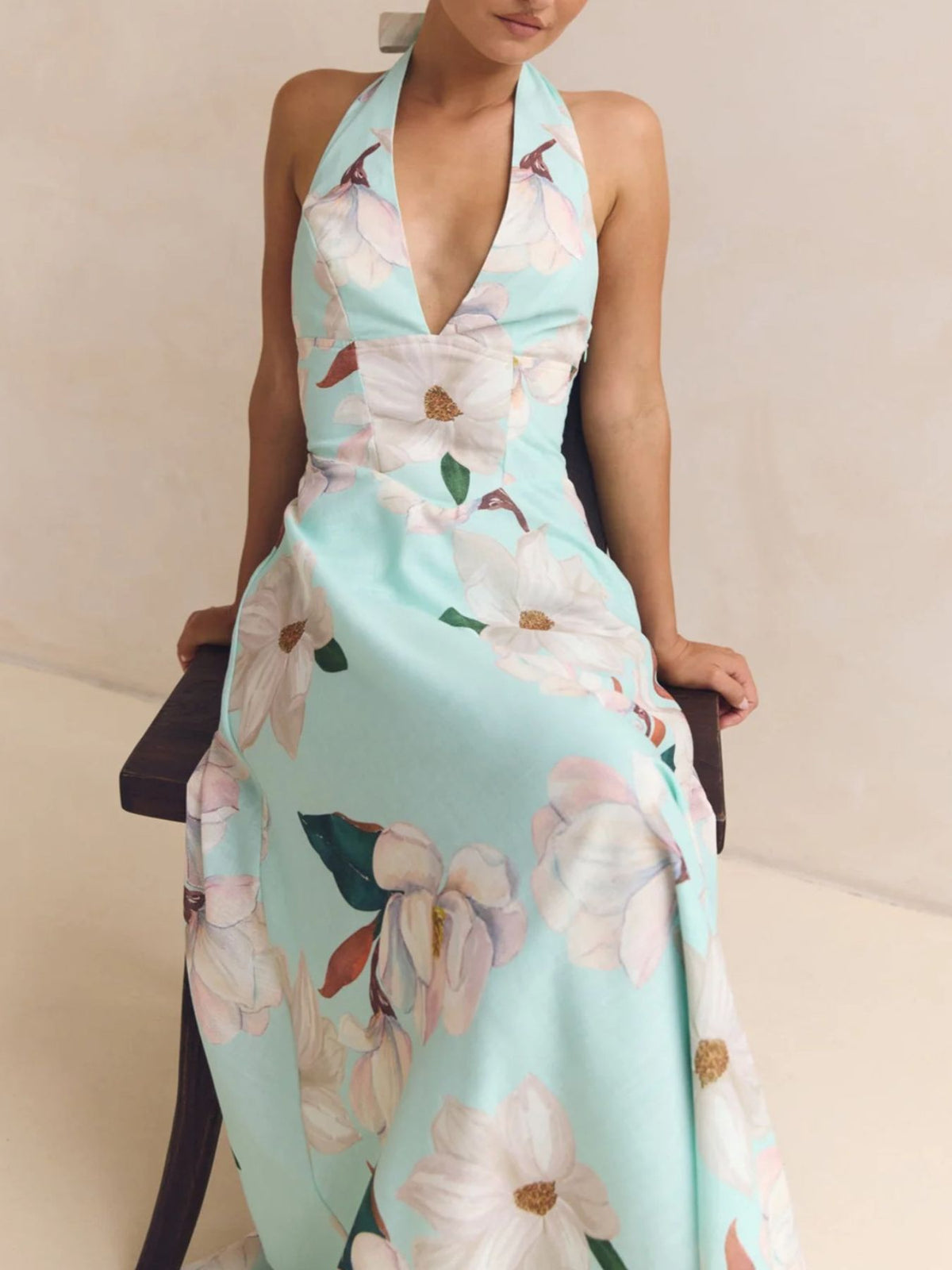 Floral halter neck maxi dress styled view