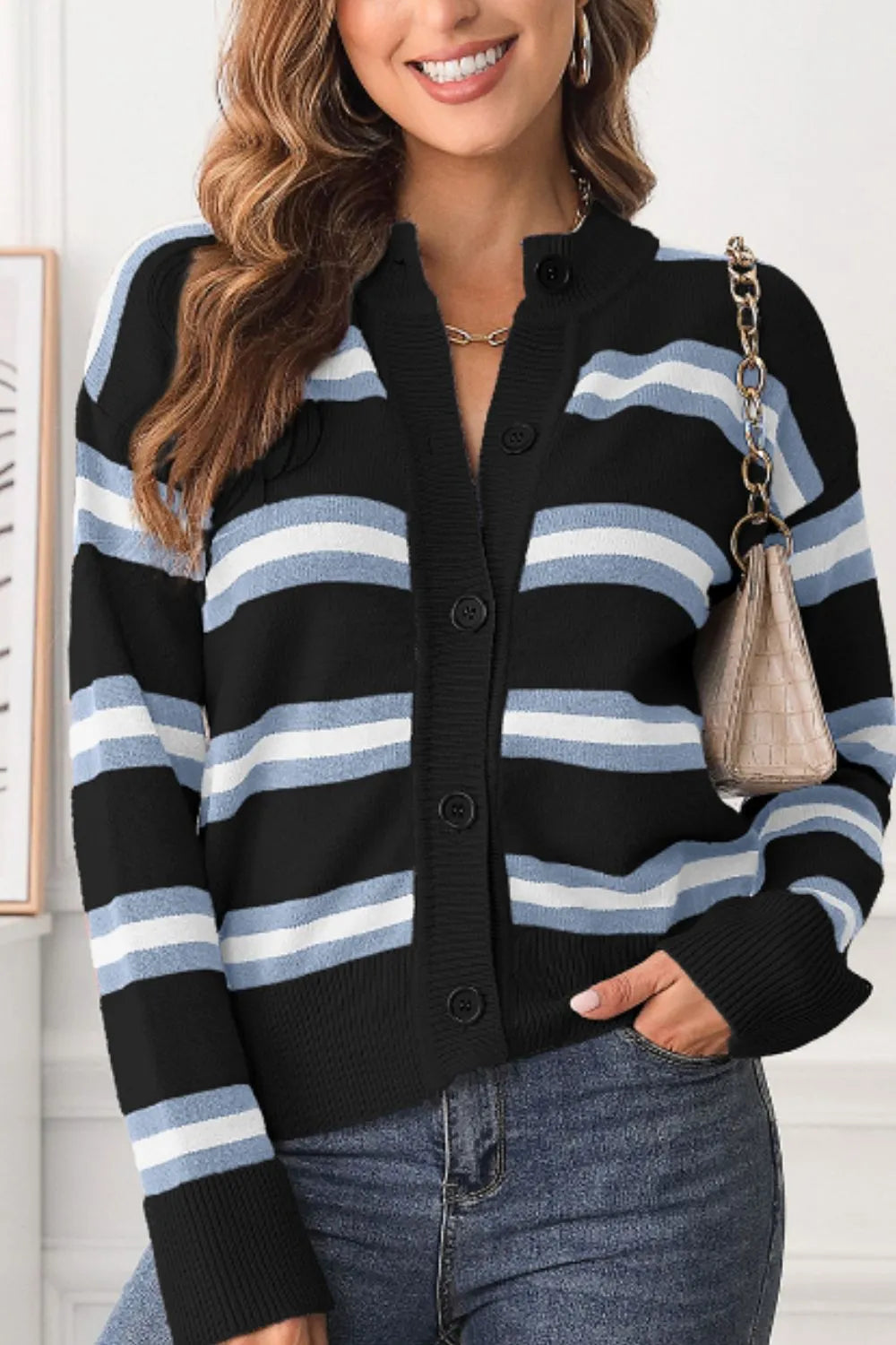 Striped Button Down Long Sleeve Cardigan - Fashorio