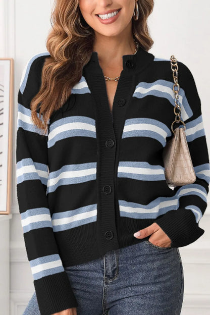 Striped Button Down Long Sleeve Cardigan - Fashorio