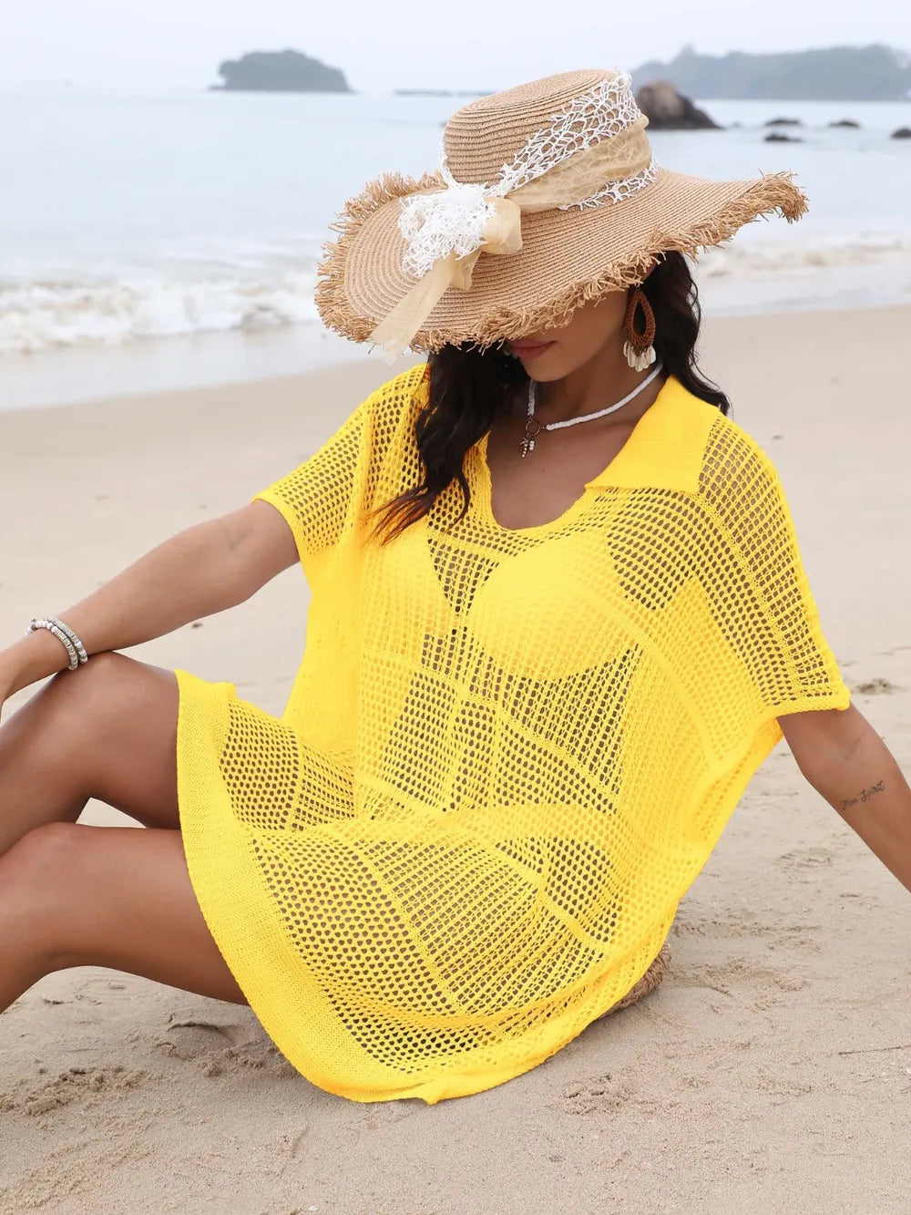 Hollow Out Collared Neck Cover-Up Yellow One Size - Fashorio