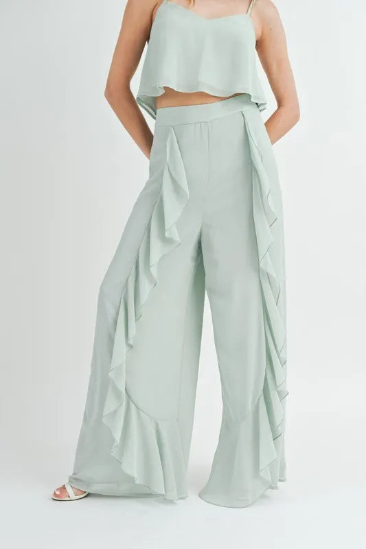 MABLE Crop Cami and Ruffled Wide Leg Pants Set - Fashorio