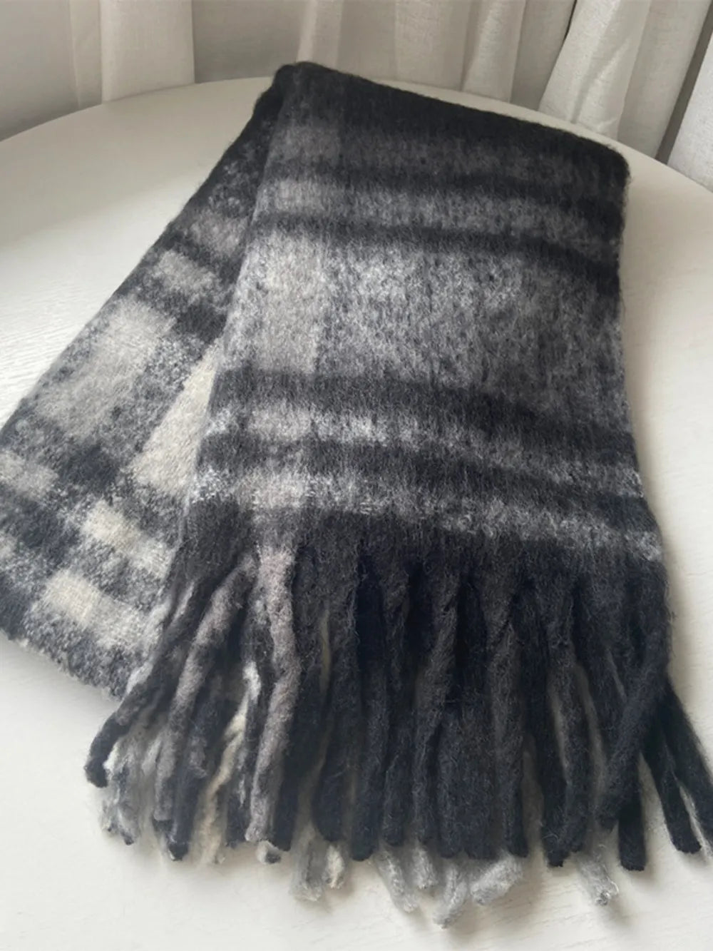Fringe plaid polyester scarf draped wide