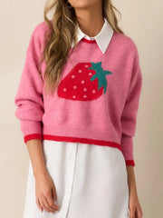 Strawberry Round Neck Long Sleeve Sweater - Fashorio
