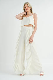 MABLE Crop Cami and Ruffled Wide Leg Pants Set Cream - Fashorio