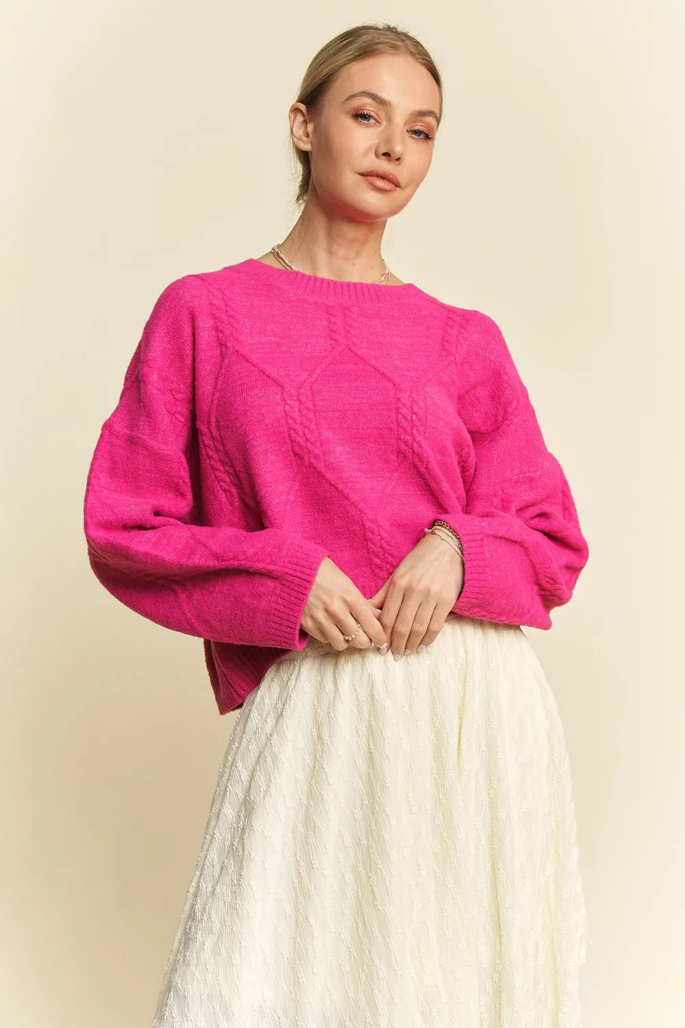 Diamond Cable Knit Drop Shoulder Sweater in Pink side view
