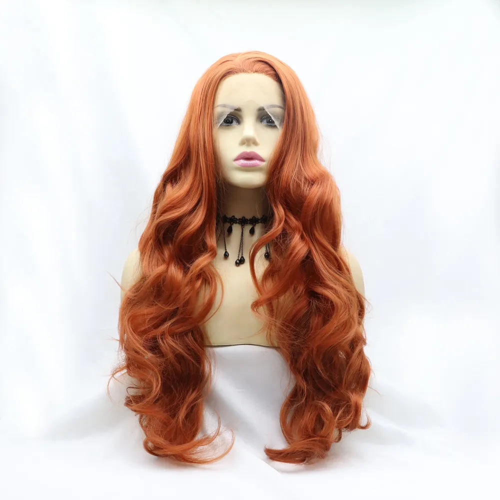 Orange long wavy lace front synthetic wig