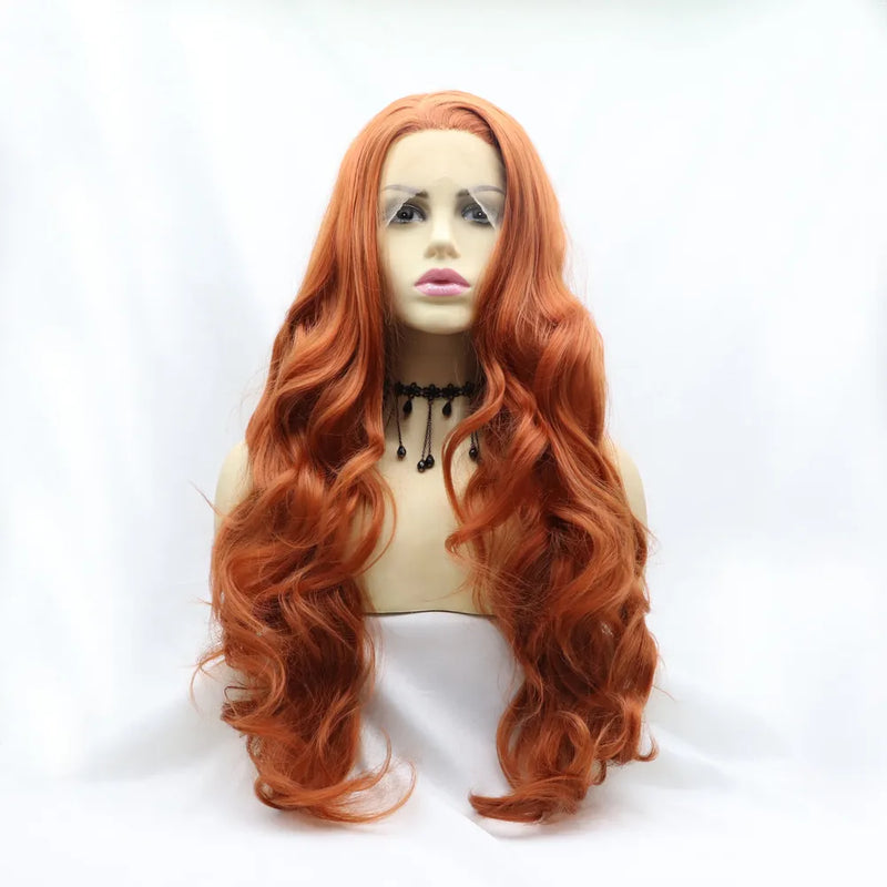 Orange long wavy lace front synthetic wig