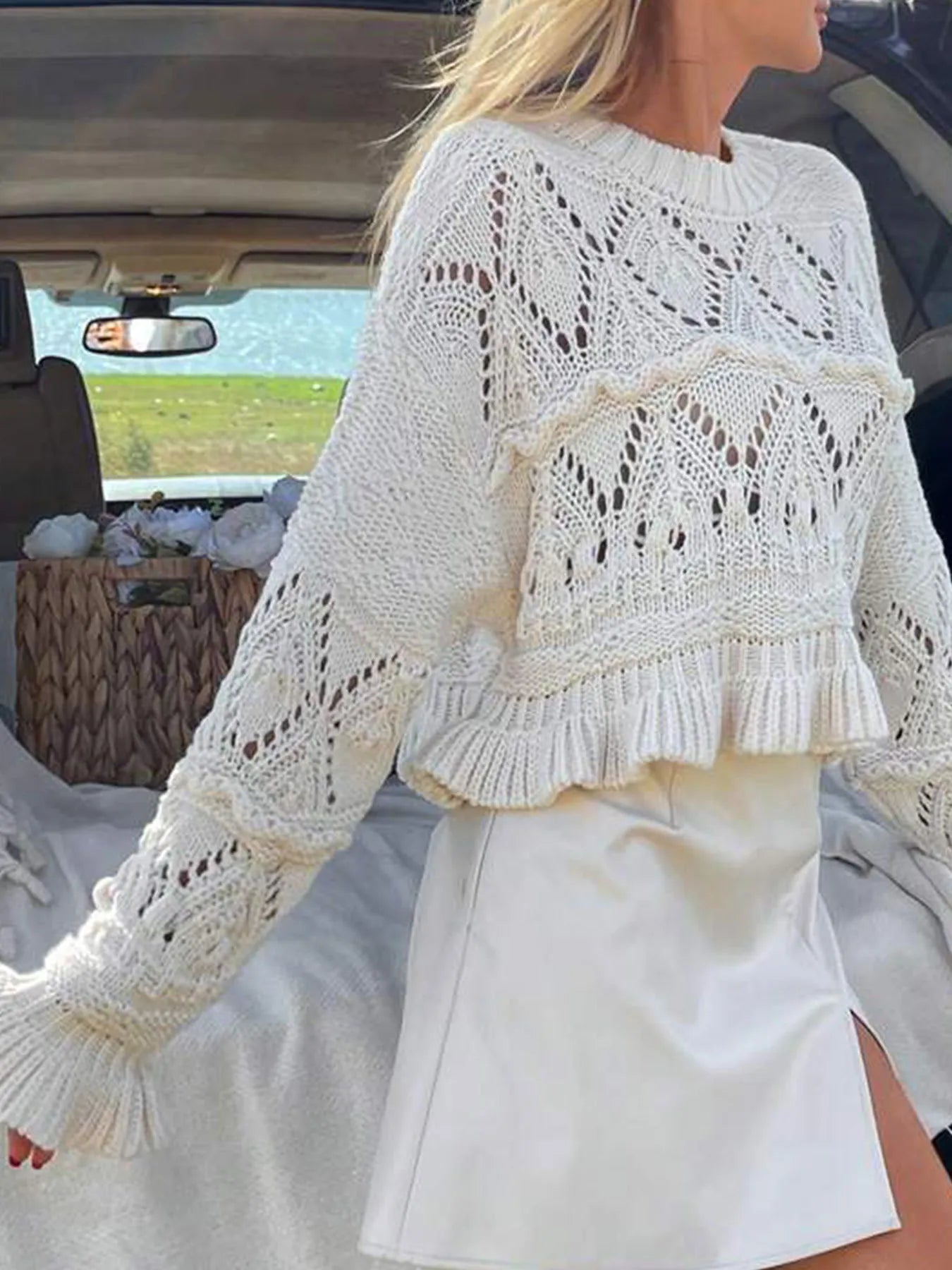 Crochet Ruffled Hem Long Sleeve Sweater - Fashorio