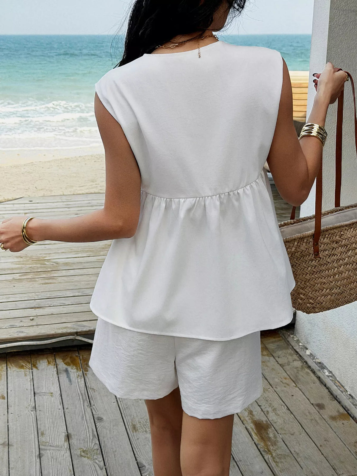 Tie front top and shorts set styled outfit