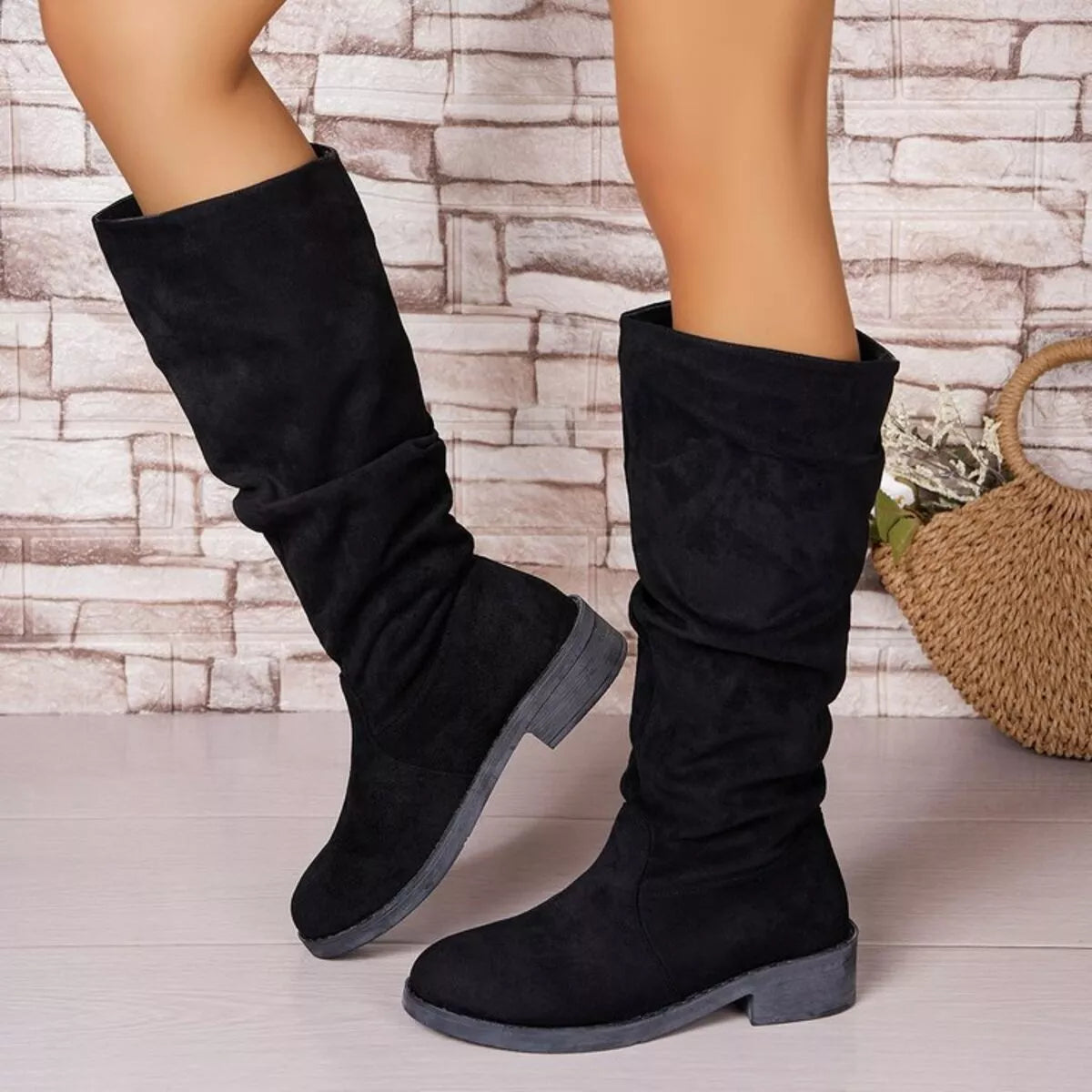 suede round toe block heel boots front view