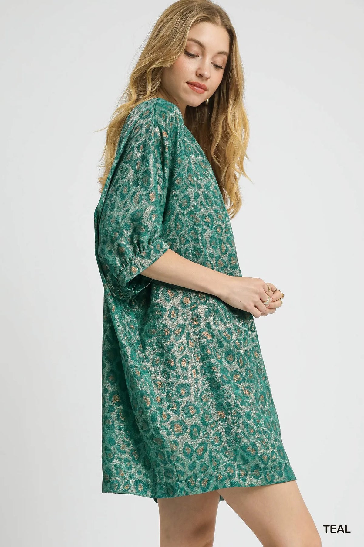 Metallic Leopard Print V Neck Kimono Dress back view