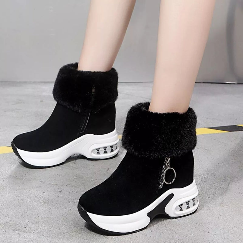 Fuzzy platform ankle boots front view