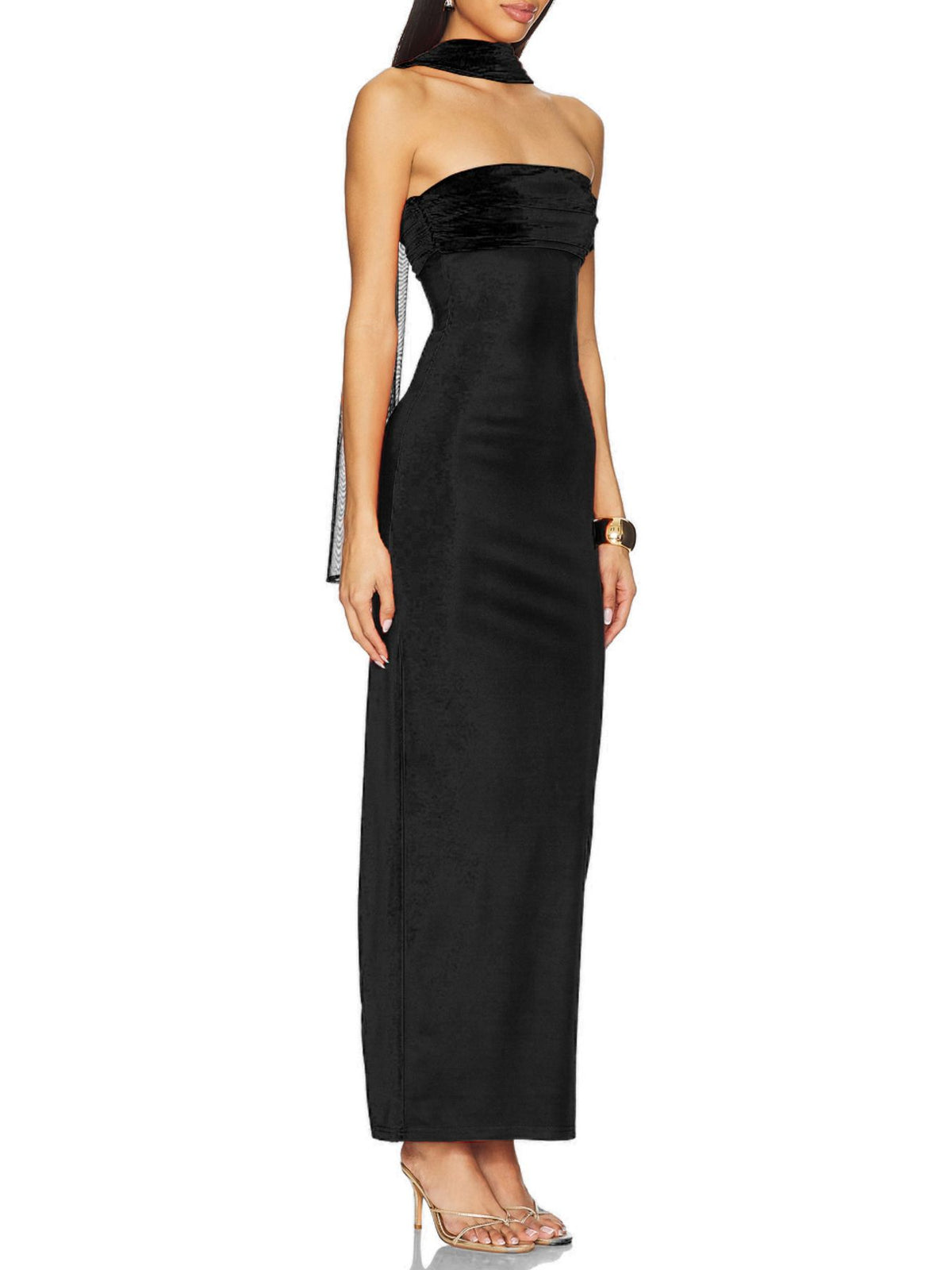 Black strapless ruched maxi dress front