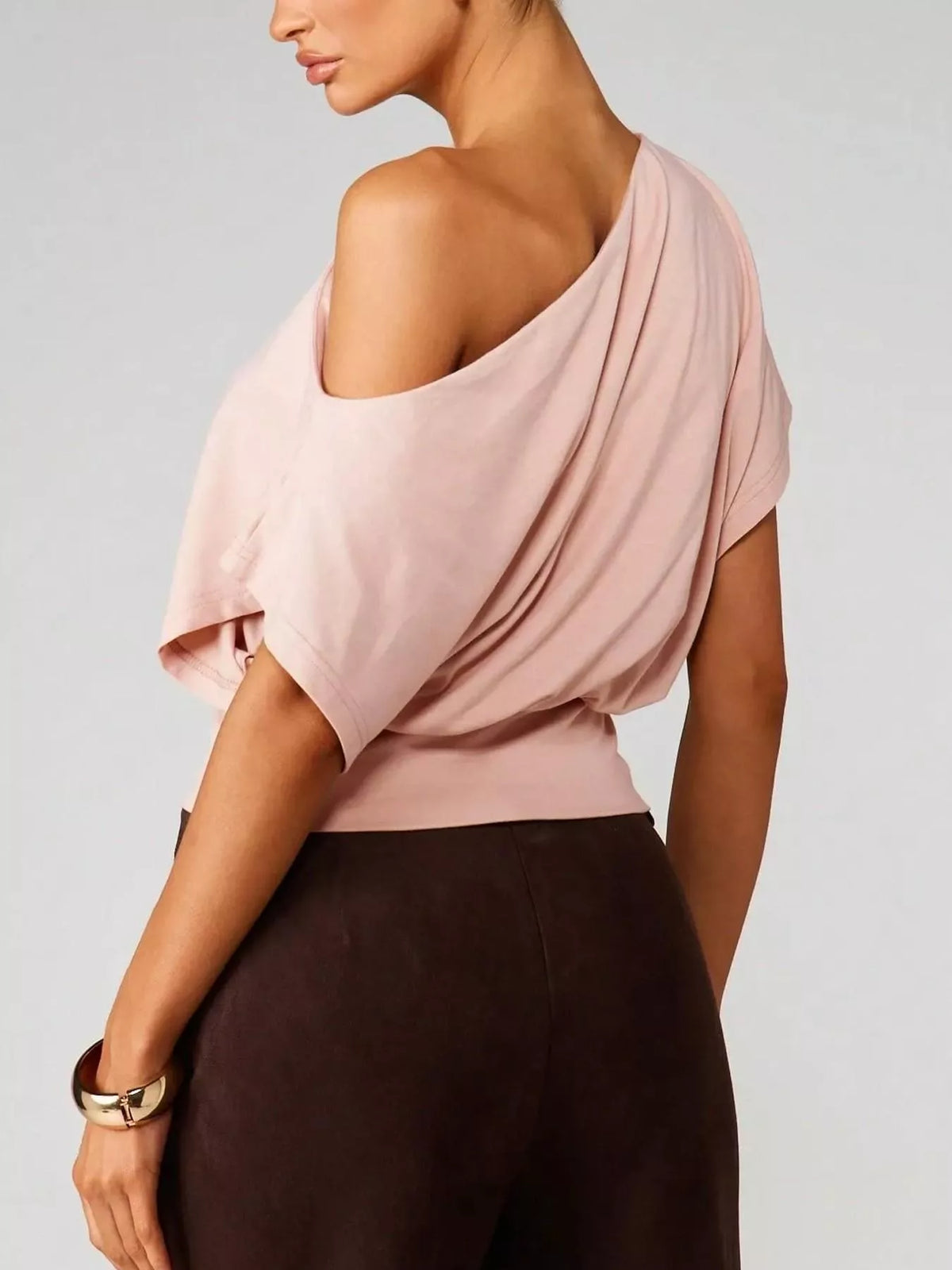 One shoulder crop tee yellow front view