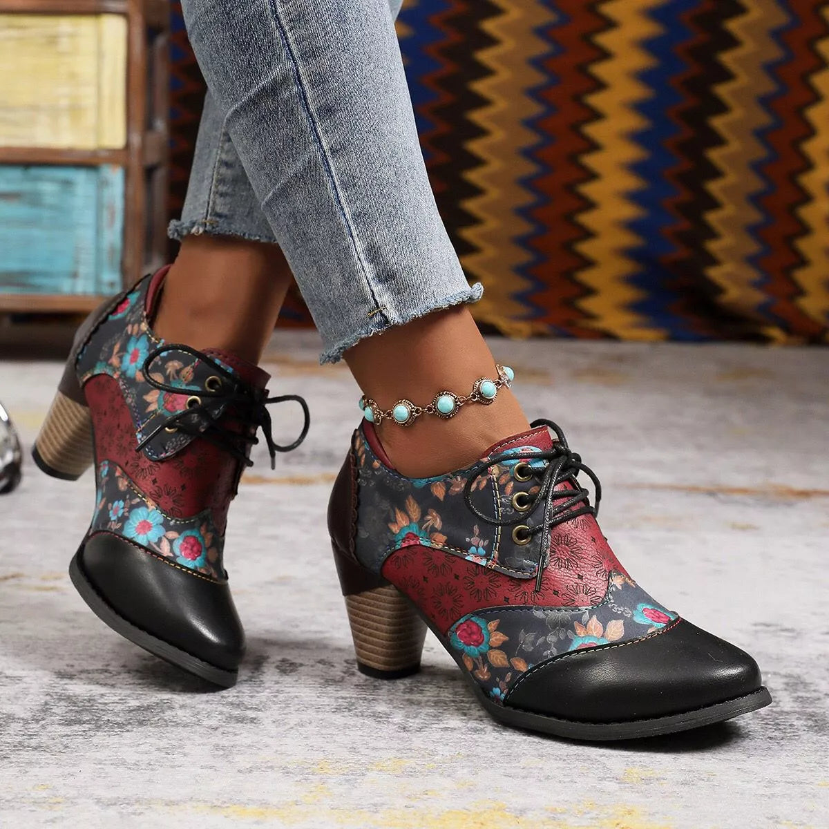 Lace up block heel ankle boots back view