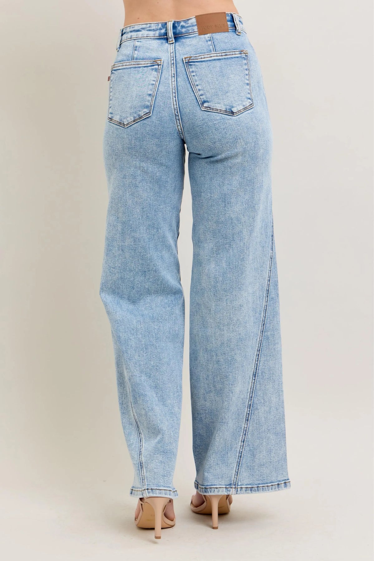 Judy Blue skewed inseam wide leg jeans angled view