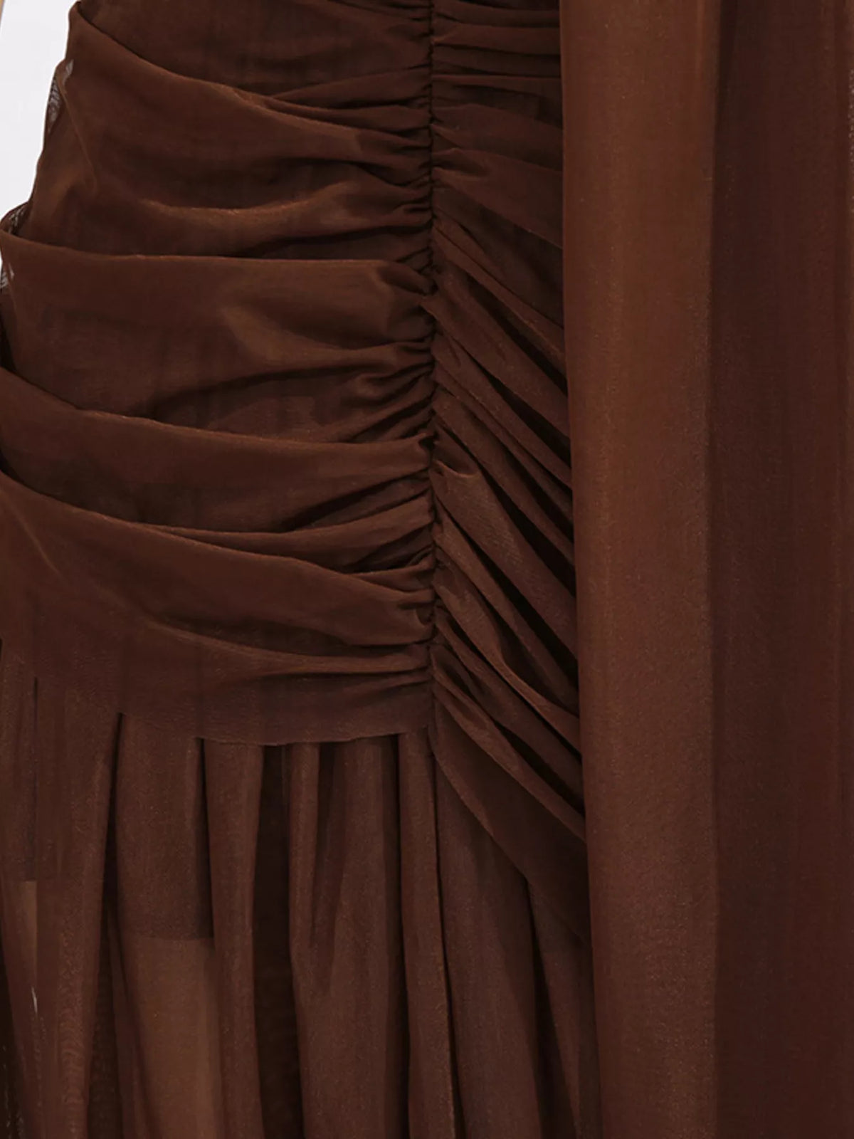 Coffee brown one shoulder flowy mesh midi dress, front view