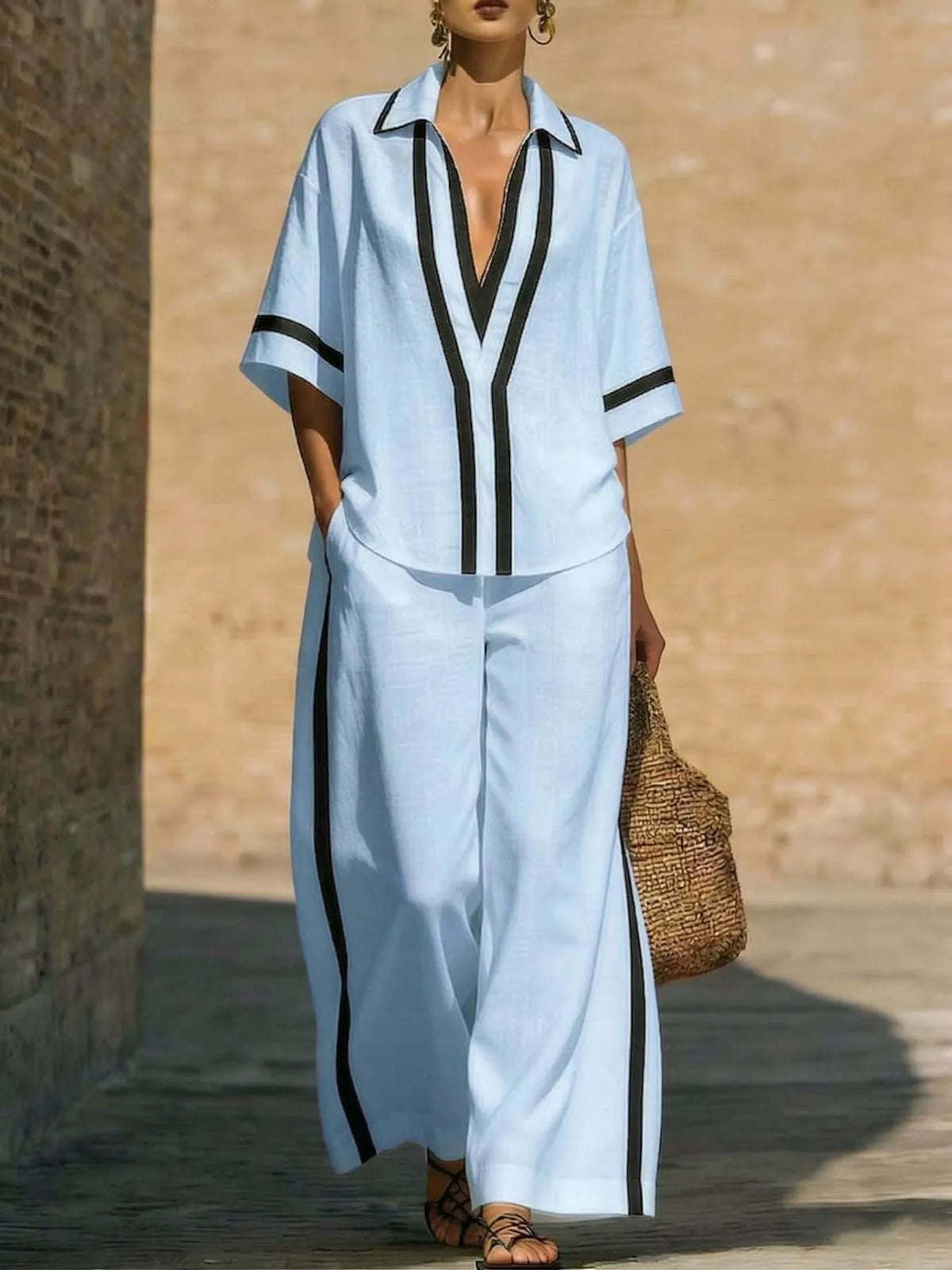 Contrast trim top and pants set front view
