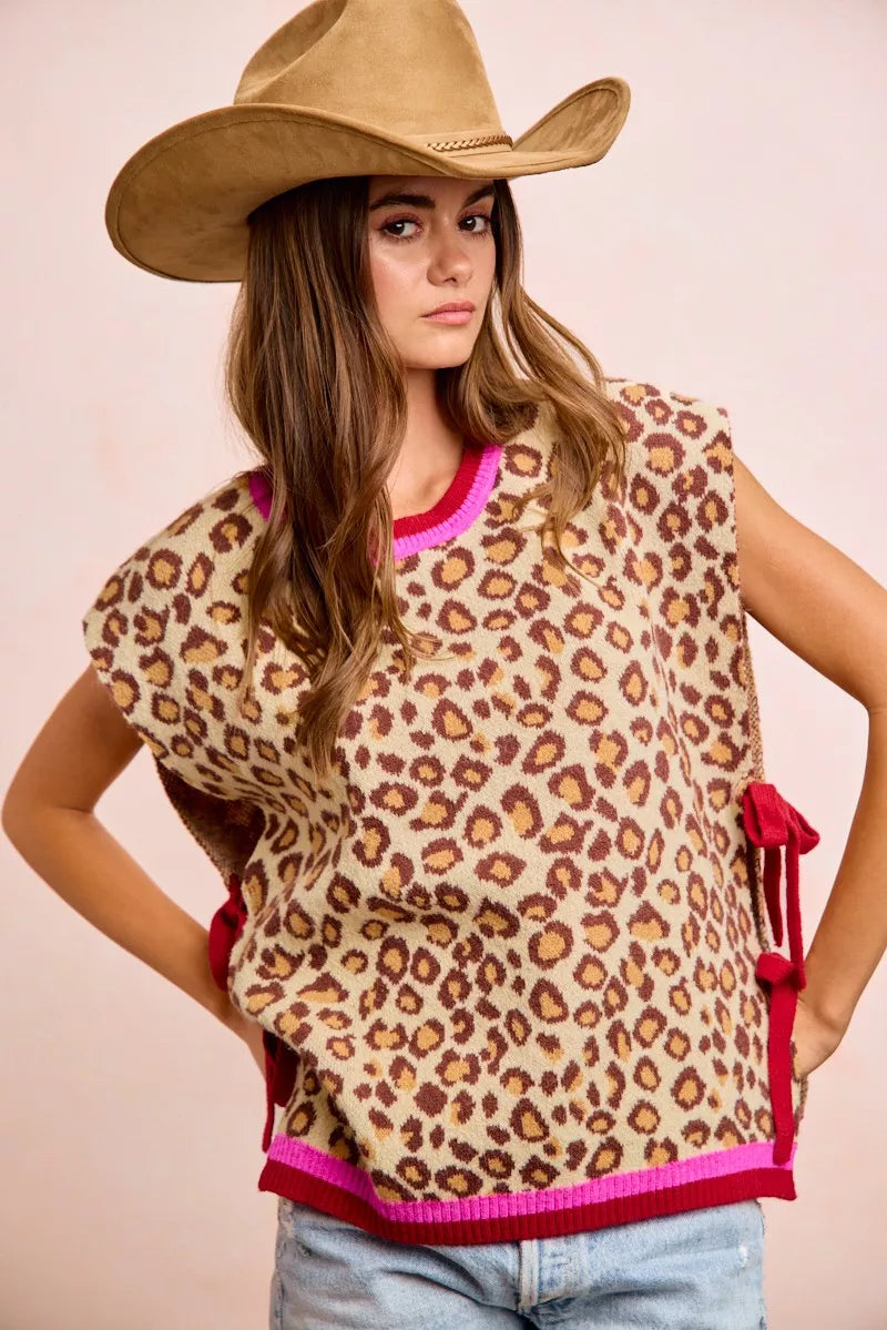 Leopard Print Side Tie Sweater Vest, view 11