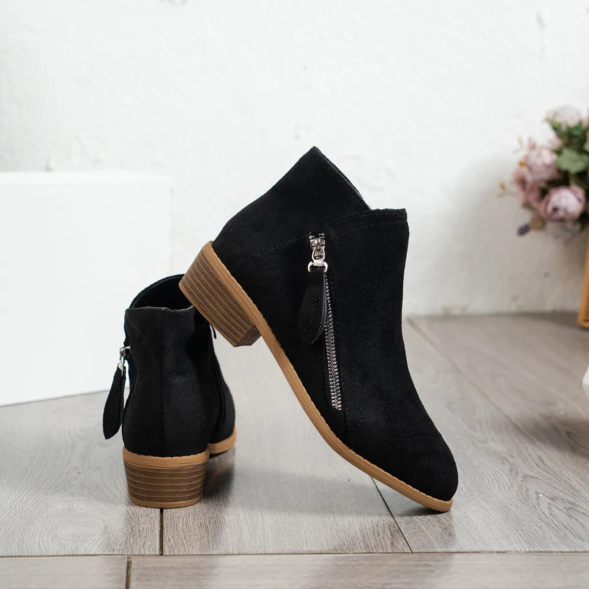 Side Zip Ankle Boots with Block Heel - Fashorio