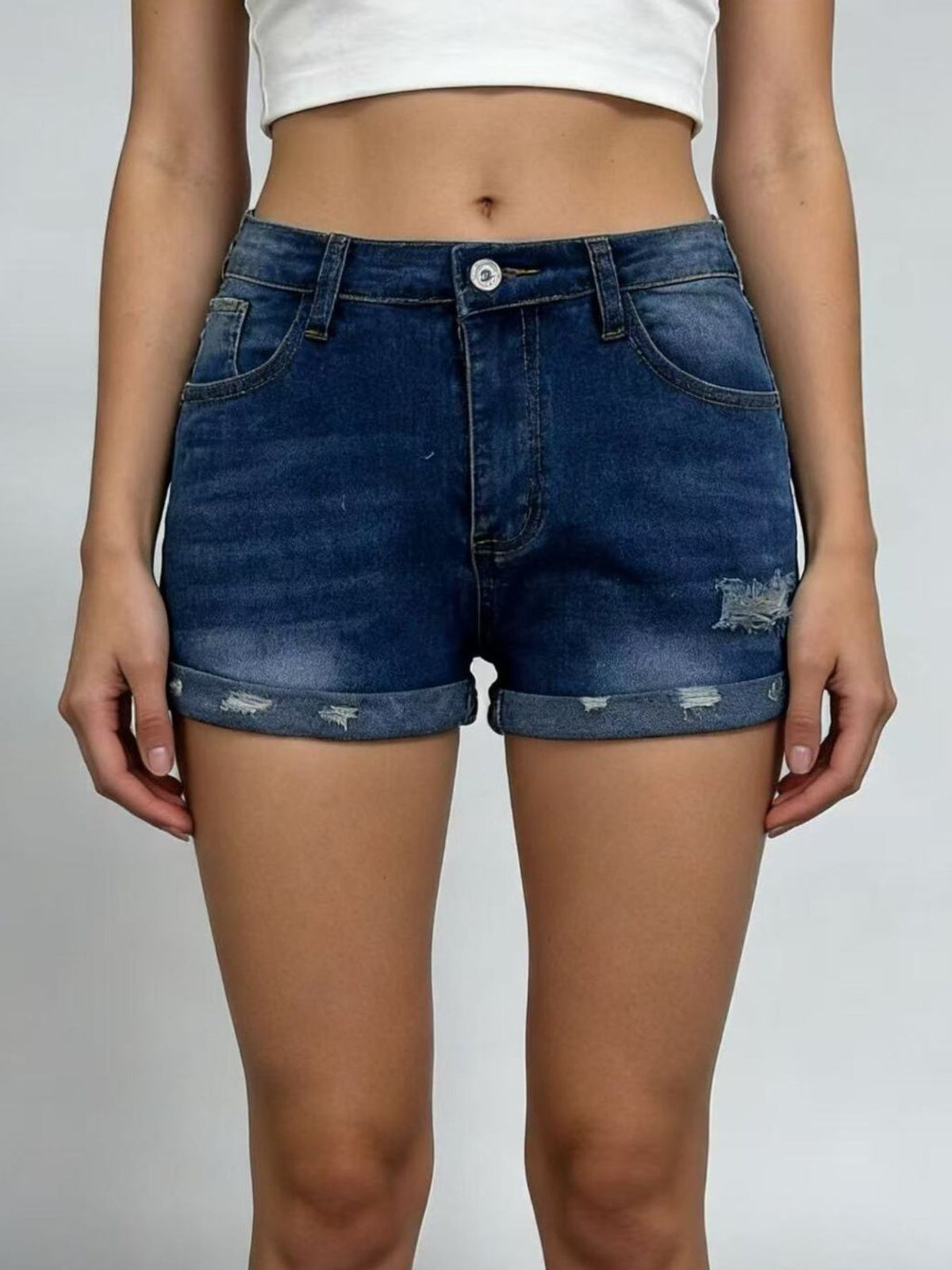 Denim shorts full outfit view
