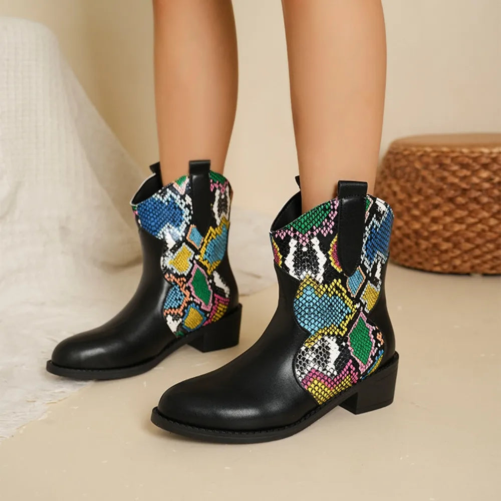 snakeskin snakeskin color block boots front view
