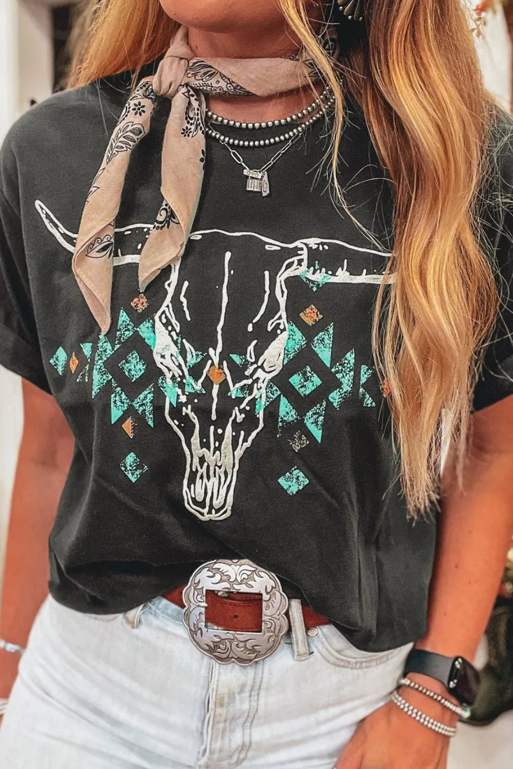 Bull head skull graphic tee dark gray front view