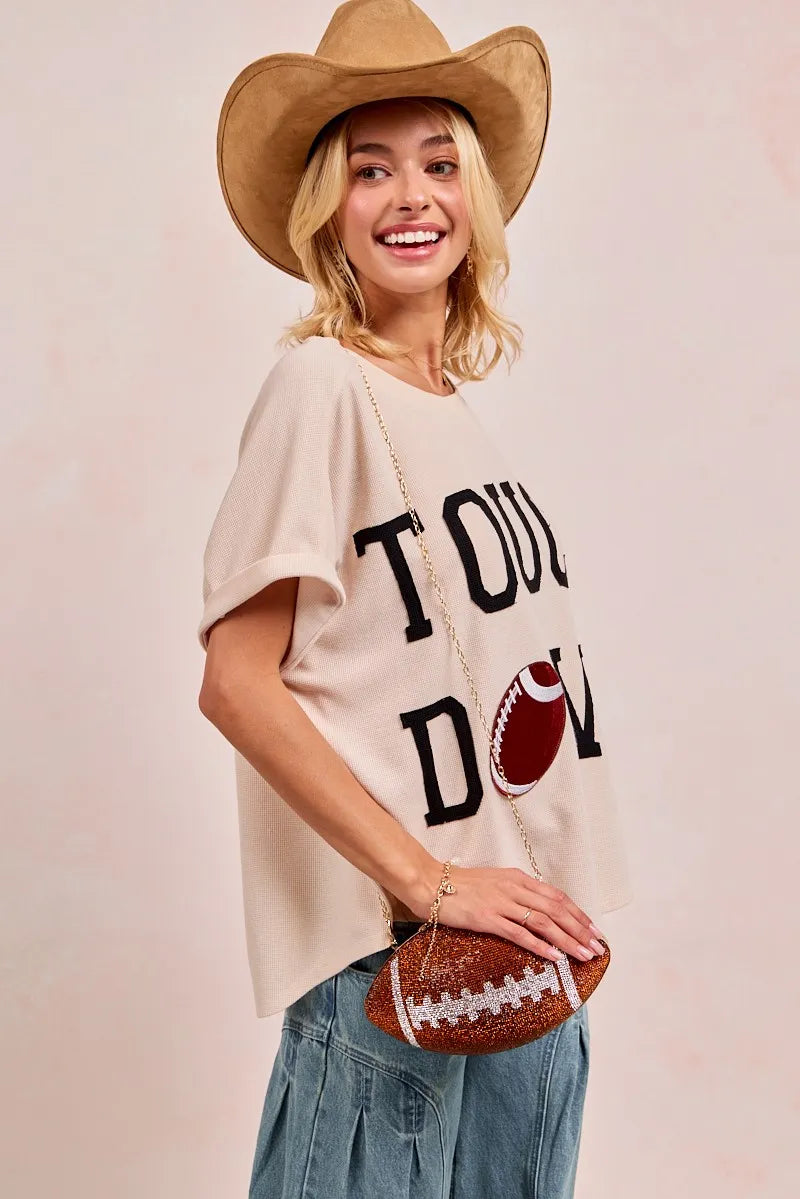 BiBi Game Day Touchdown Letter Patches Waffle Short Top - Fashorio