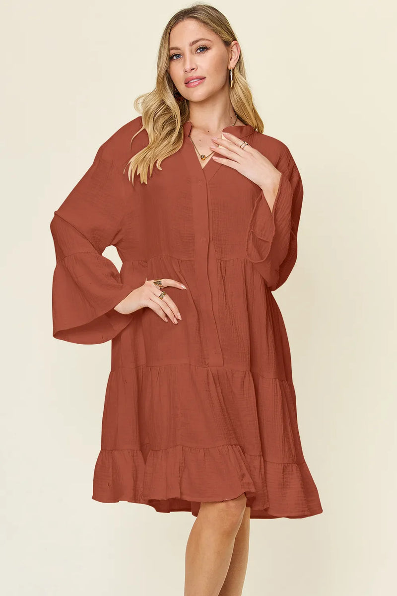 Textured button up ruffle hem dress front view