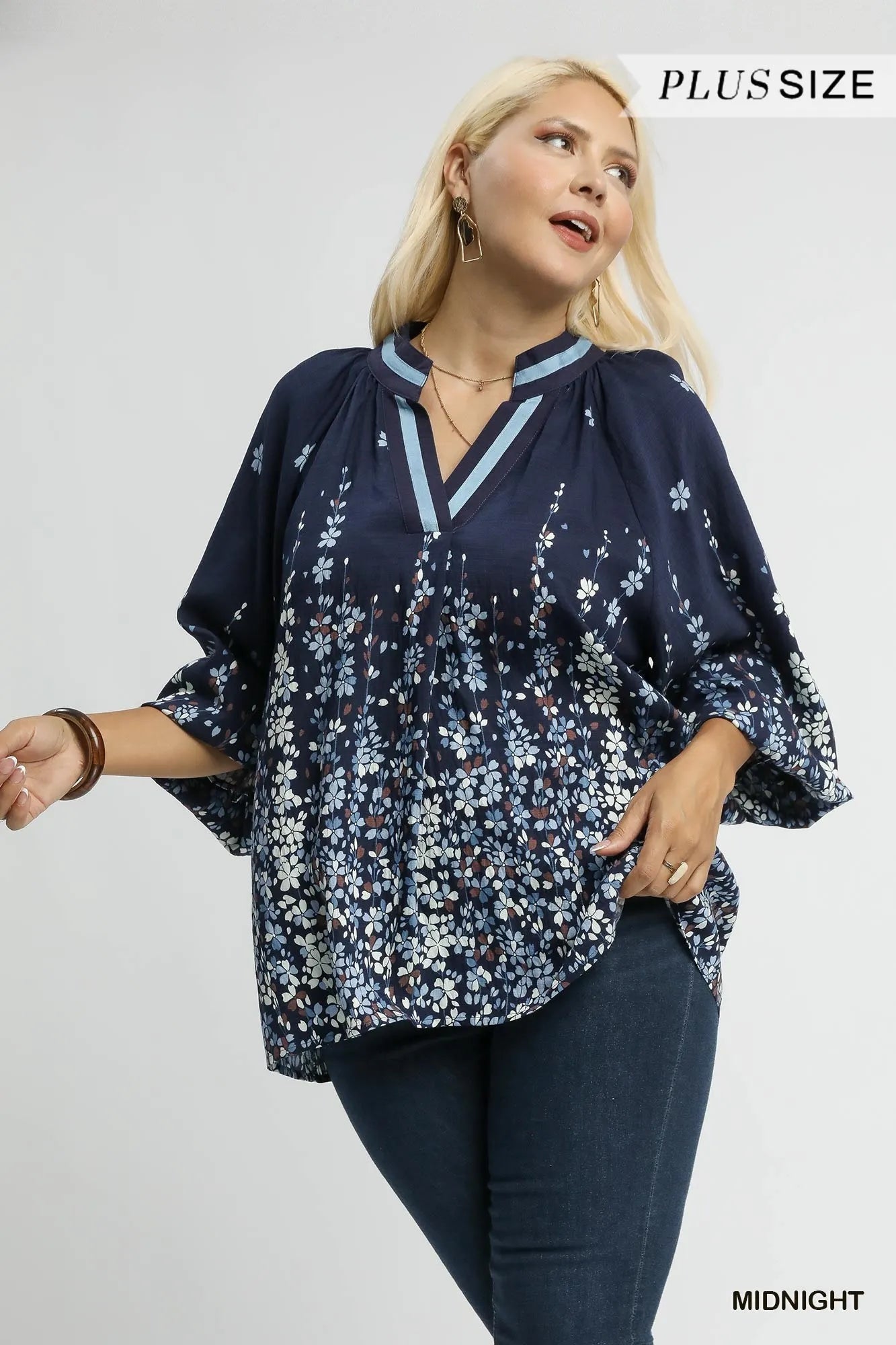 Umgee Full Size Floral Vine Print Blouse with Balloon Sleeves Plus Size - Fashorio