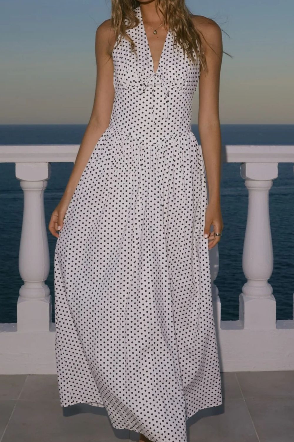polka dot backless halter neck maxi dress full length view