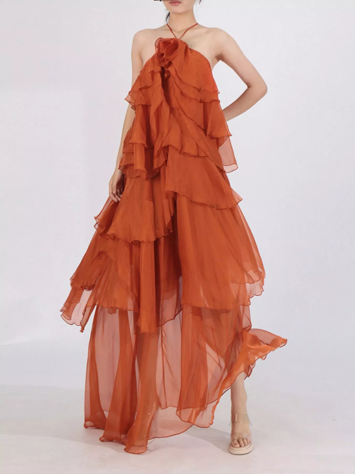 Ruffled chiffon halter neck maxi dress back view
