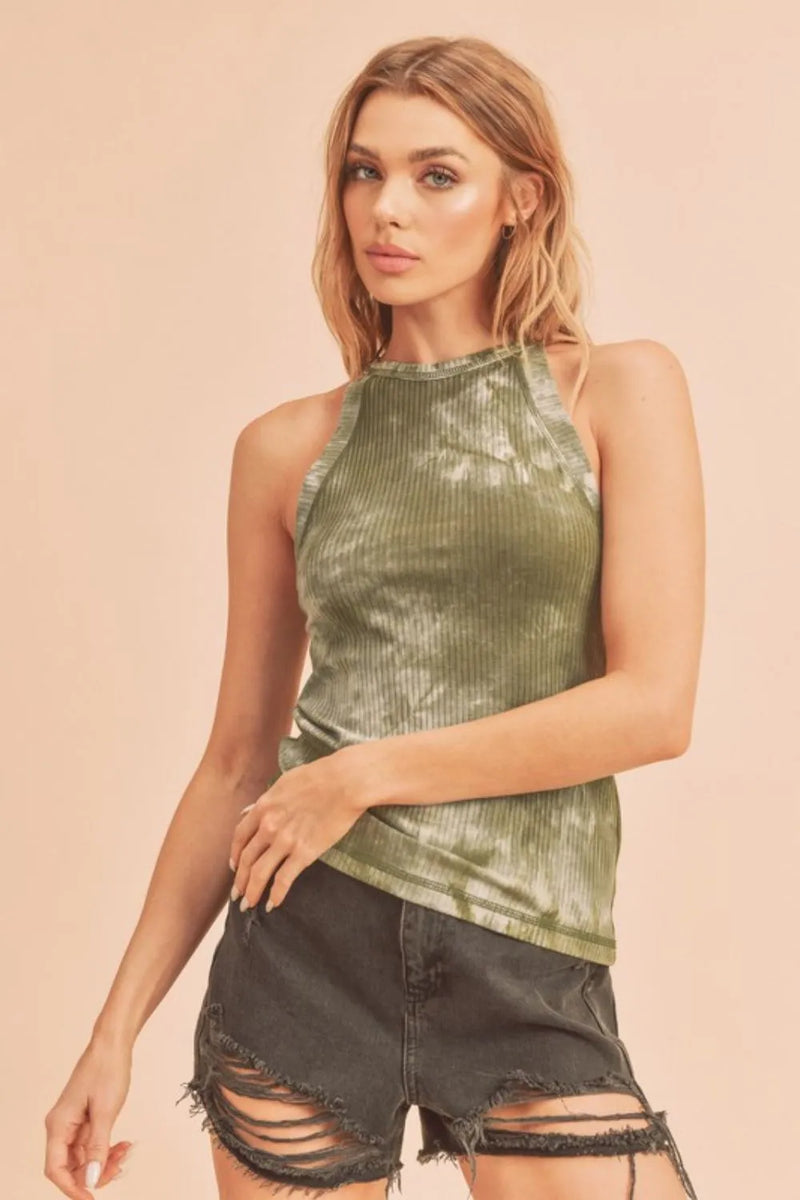 Ribbed tie dye round neck tank top in matcha green front view