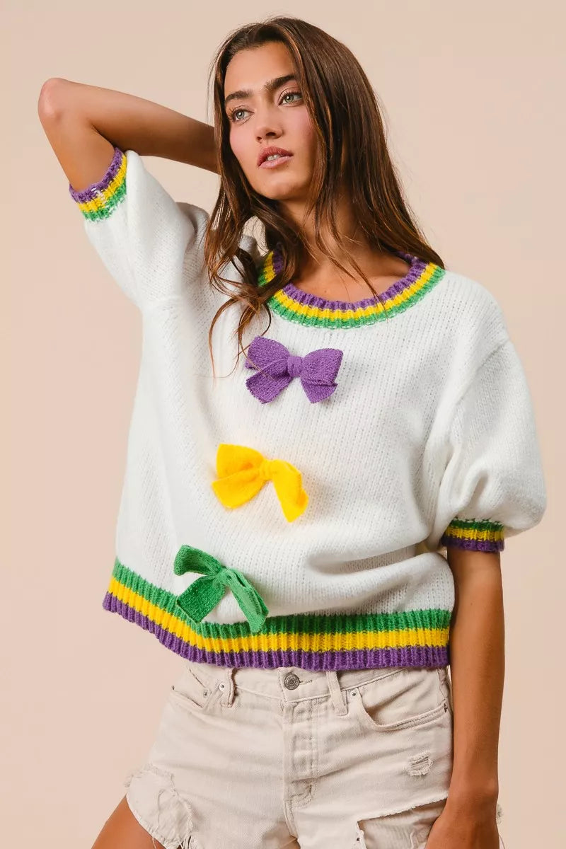 Puff Sleeve Ribbon Bow Sweater in Ivory detail