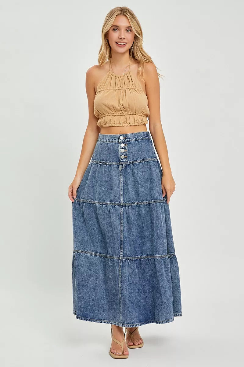 RISEN high waist tiered ruffle maxi skirt styled on model
