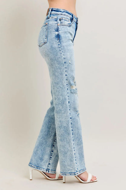 Judy Blue Full Size Hw Mineral Wash Destroy 90's Straight Jeans Plus Size - Fashorio