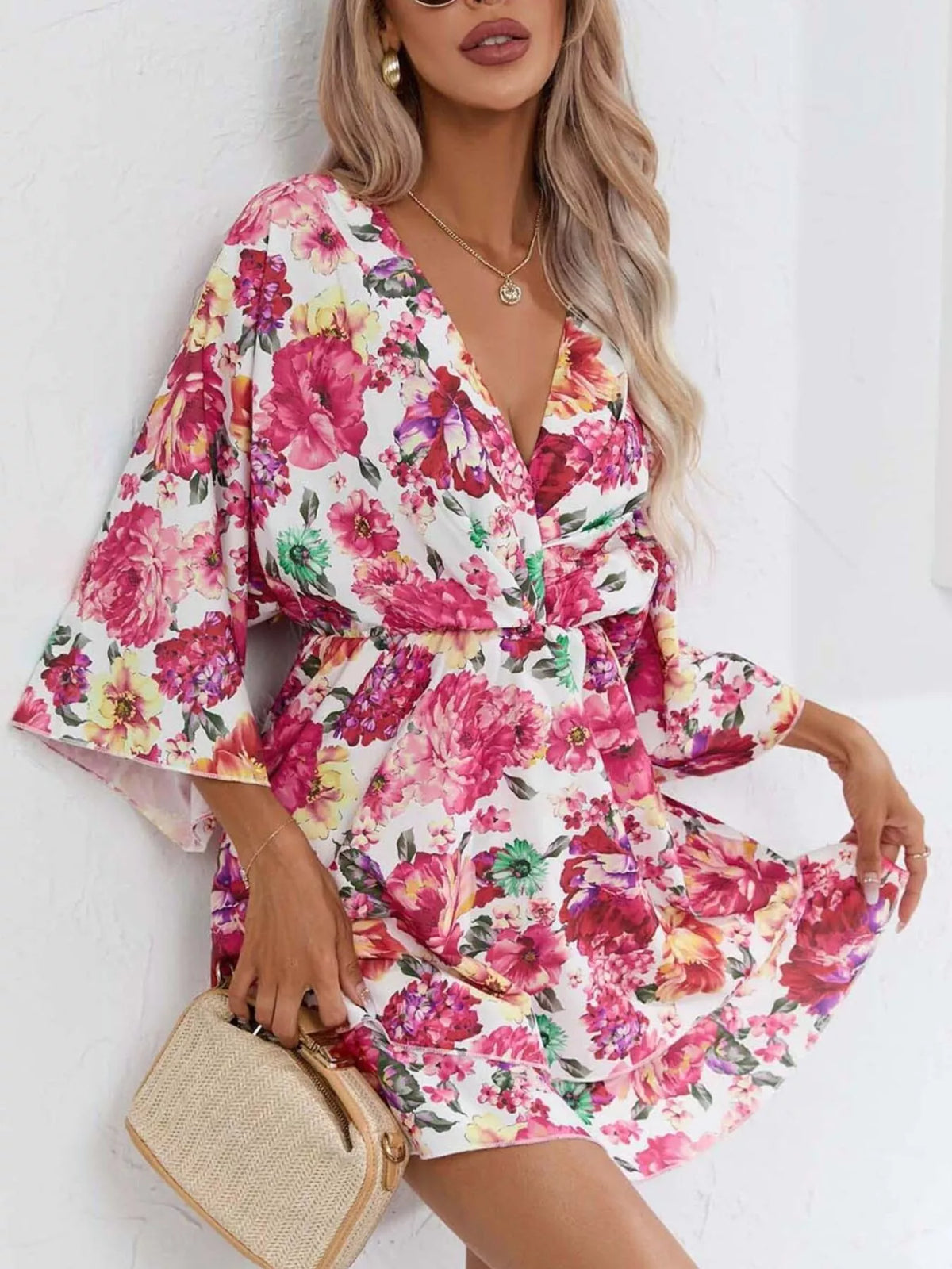 Floral print tiered ruffle hem mini dress front view