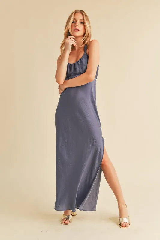 Ruched cutout back maxi dress in hazy lilac front view
