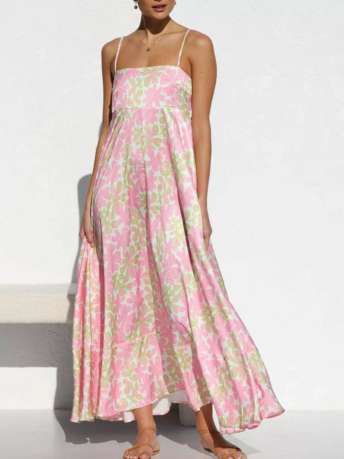printed spaghetti strap maxi dress hemline detail